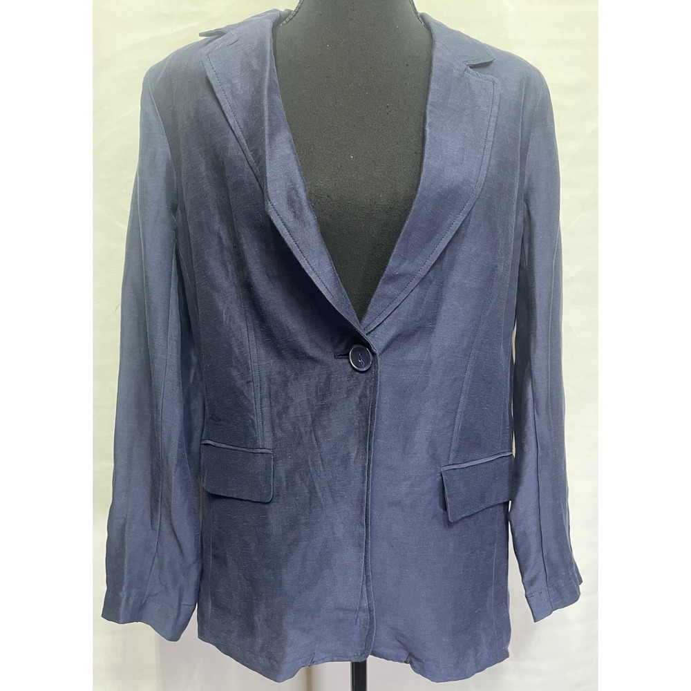 H By Halston Womens Size Medium Linen‎ Blend One Button Blazer Jacket Navy